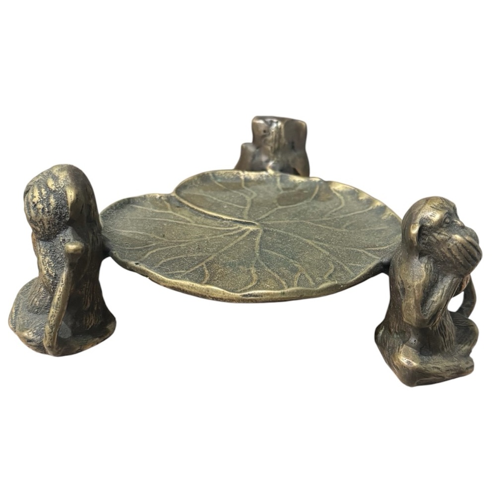 Old Bronze Monkey  Speak, See & Hear  No Evil  W/ Lilltpad Candle Holder Plate